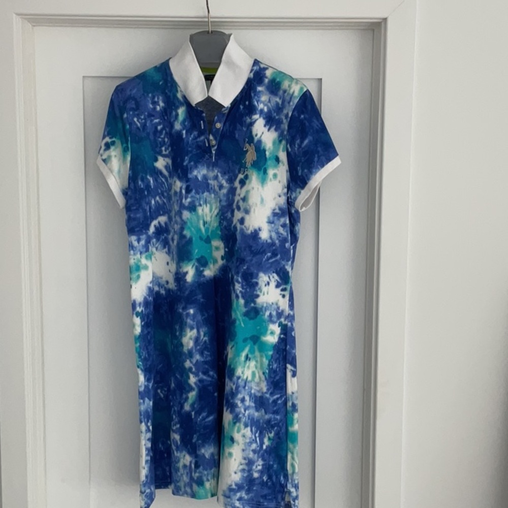 U.S. Polo Assn. Blue White Teal Tie-Dye Polo Dress